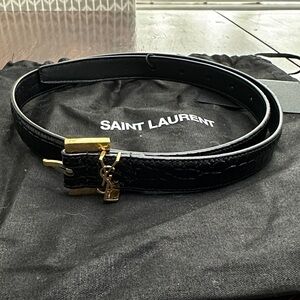 Saint Laurent Black Leather Belt with Gold Buckle